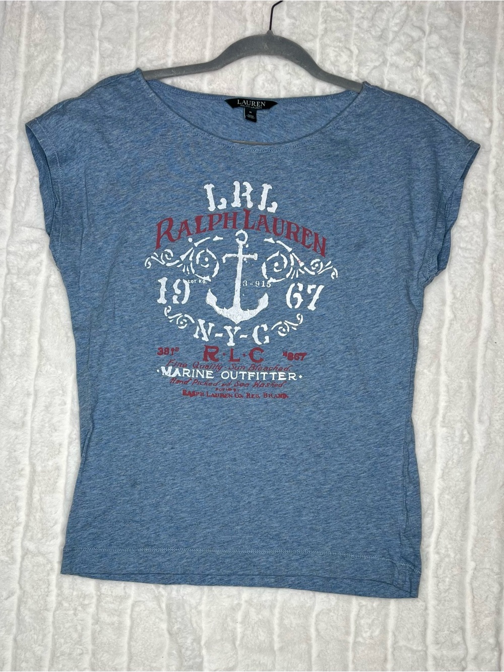 Lauren Ralph Lauren Nautical Graphic Tee Blue Cap Sleeve Anchor Top Medium